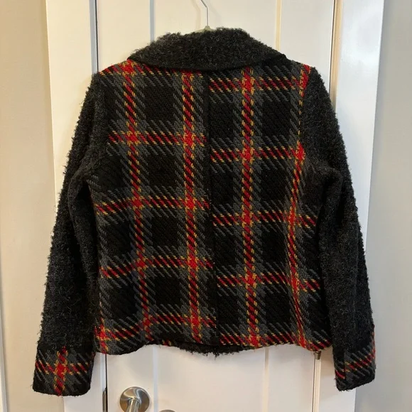 Coco+Carmen Women’s Grey Wool Blend Plaid V-Neck Cardigan Sweater Jacket Sz S/M - Picture 3 of 10